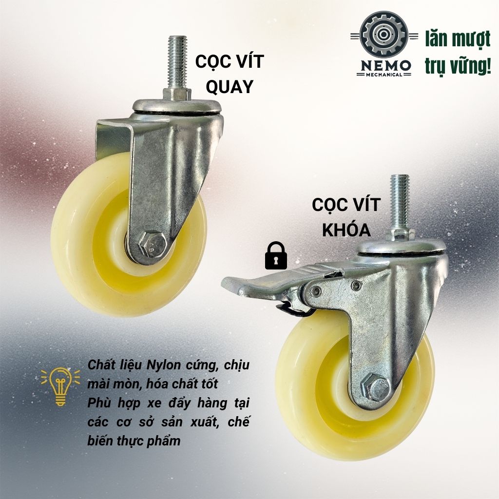 Bánh Xe Nylon Trắng Cọc Vít M12 – Chống Nước, Kháng Hóa Chất (D75, D100, D125)